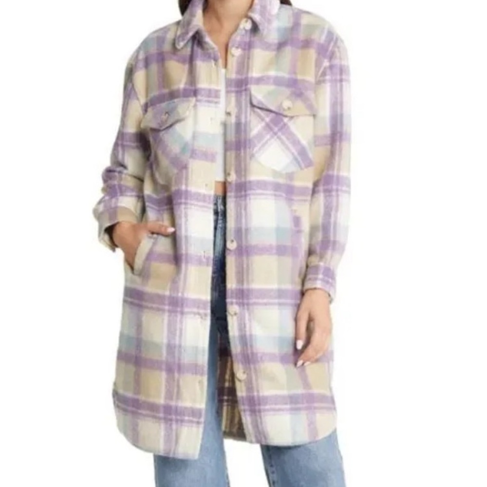 Blank NYC Plaid Shirt Jacket in Purple and Cream